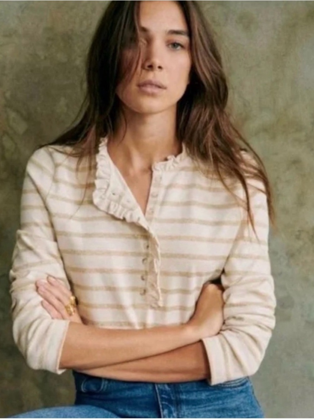 Sezane Striped Ruffle Henley Top - Cream & Tan NWOT (M)